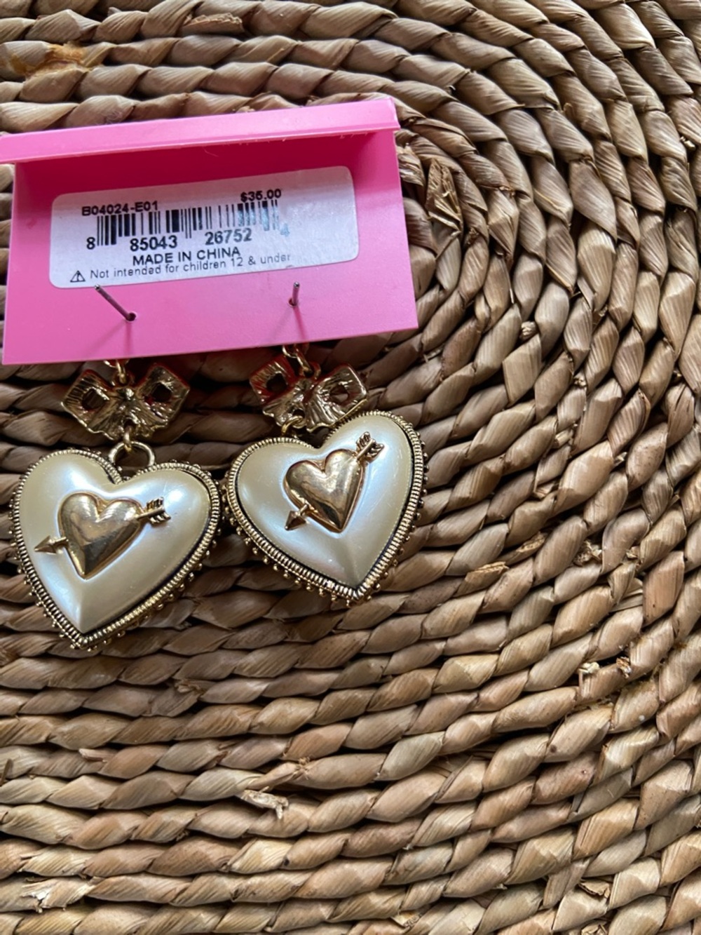 Betsey Johnson Gold-Tone Heart Drop Earrings with Pearl Centers - Picture 3 of 4